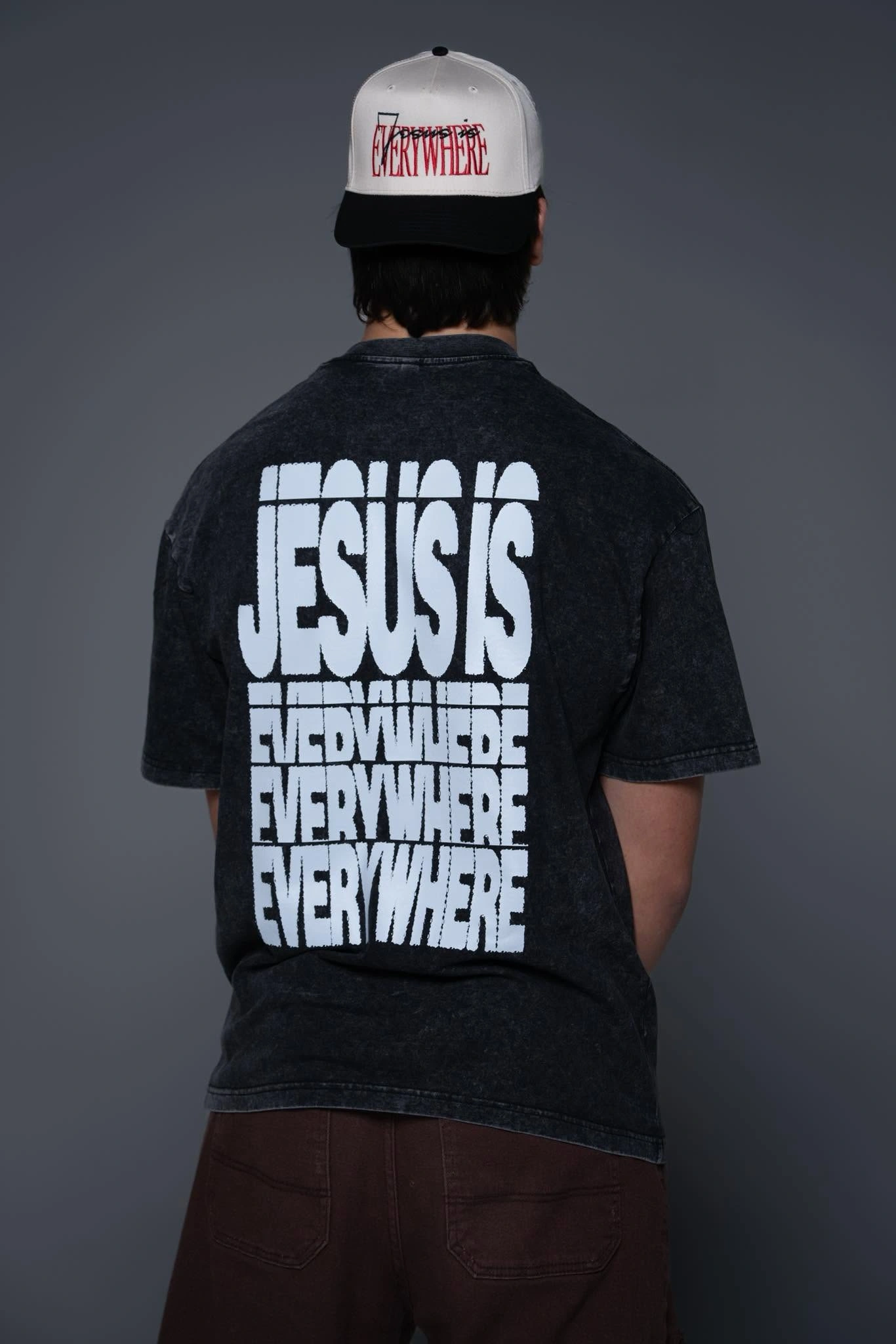 Back of custom screen printed t-shirt and trucker cap printed in Austin TX