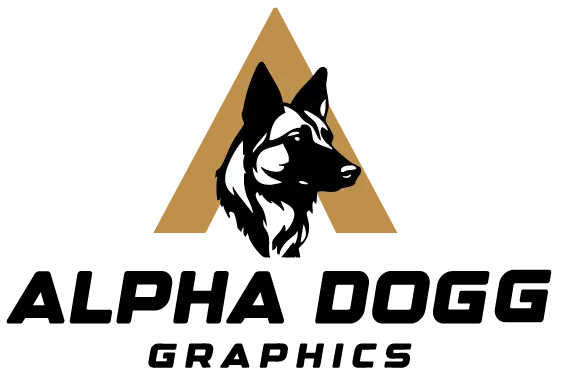 Alpha Dogg Graphics logo featuring a German Shepherd wearing sunglasses for custom screen printing in Austin TX