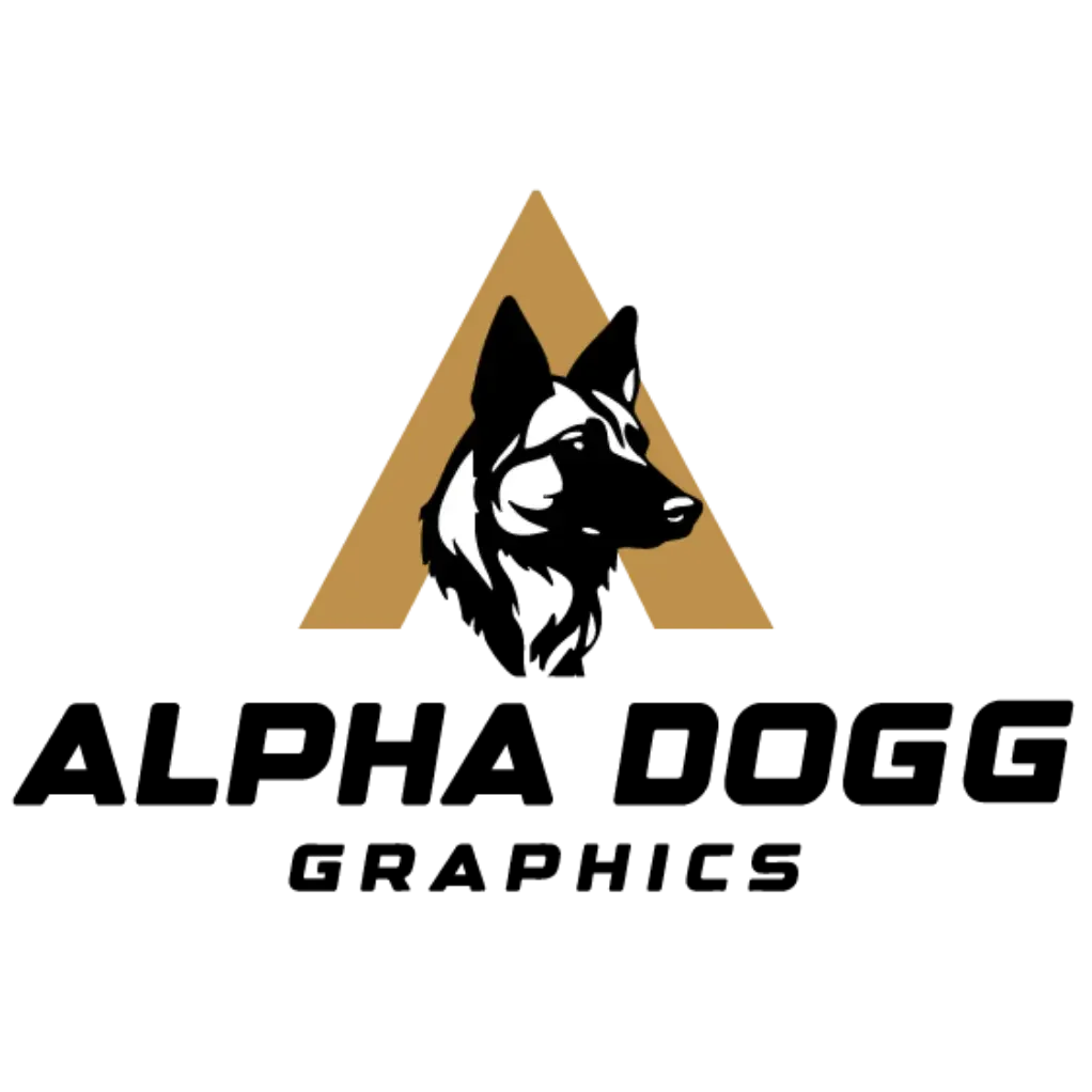 Alpha Dogg Graphics logo featuring a German Shepherd wearing sunglasses for custom screen printing in Austin TX