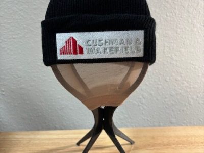 Custom embroidered corporate beanie on display in Austin TX