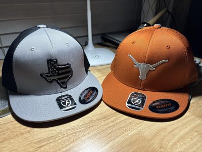 Custom embroidered Texas flag and UT Longhorn caps