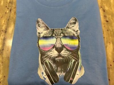 Full-color DTF graphic shirt featuring cool cat with sunglasses