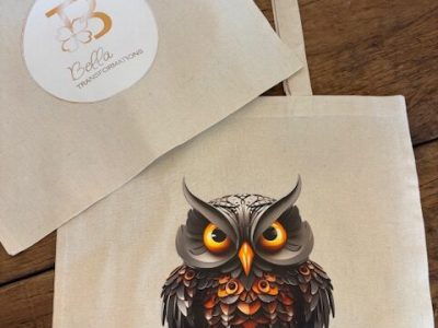 High-detail DTF printed owl graphic on custom canvas tote bag