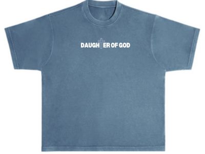 Custom screen printed blue t-shirt with clean chest text placement